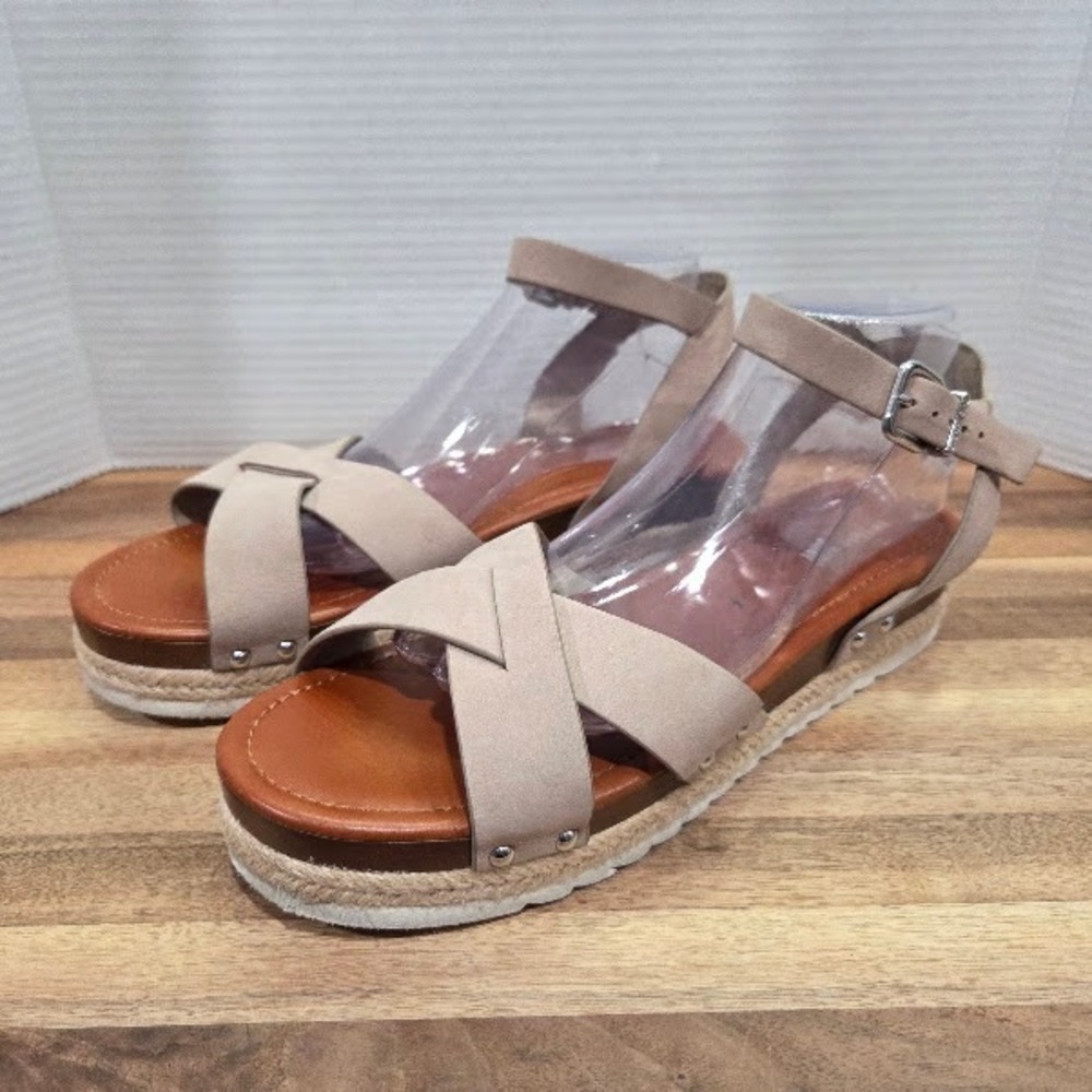 Gianni Bini Platform Sandals Womens 11 Tan Leather Espadrille Wedge Buckle Strap